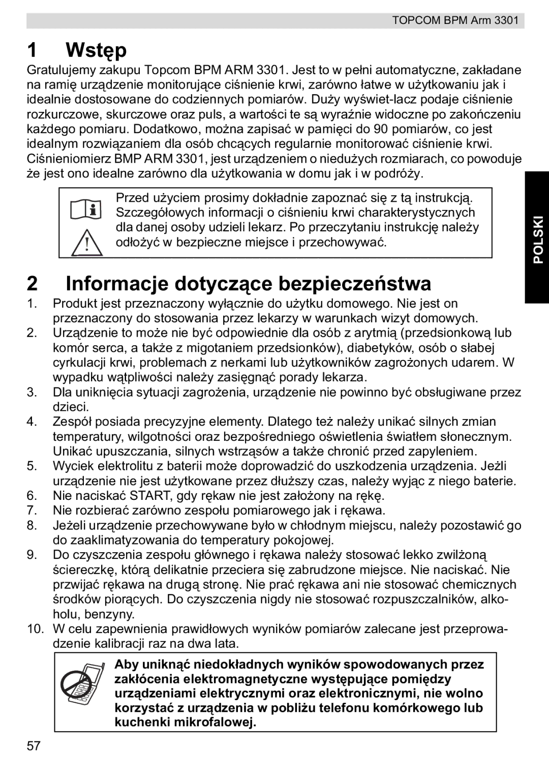 Topcom BPM ARM 3301 manual do utilizador Wst, Informacje dotyczbezpieczestwa 