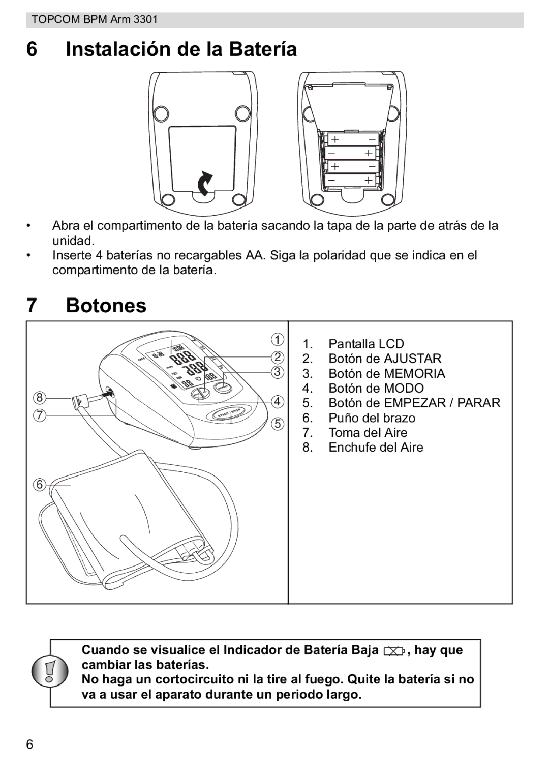 Topcom BPM ARM 3301 manual do utilizador Instalación de la Batería, Botones 