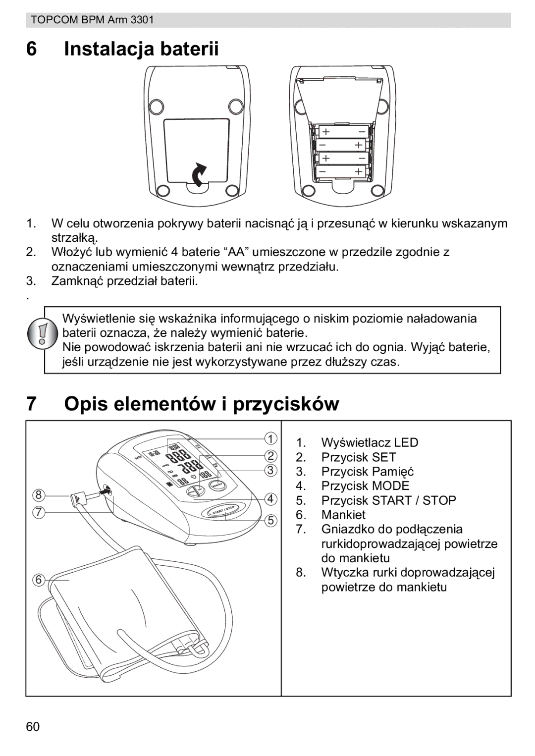 Topcom BPM ARM 3301 manual do utilizador Instalacja baterii, Opis elementów i przycisków 