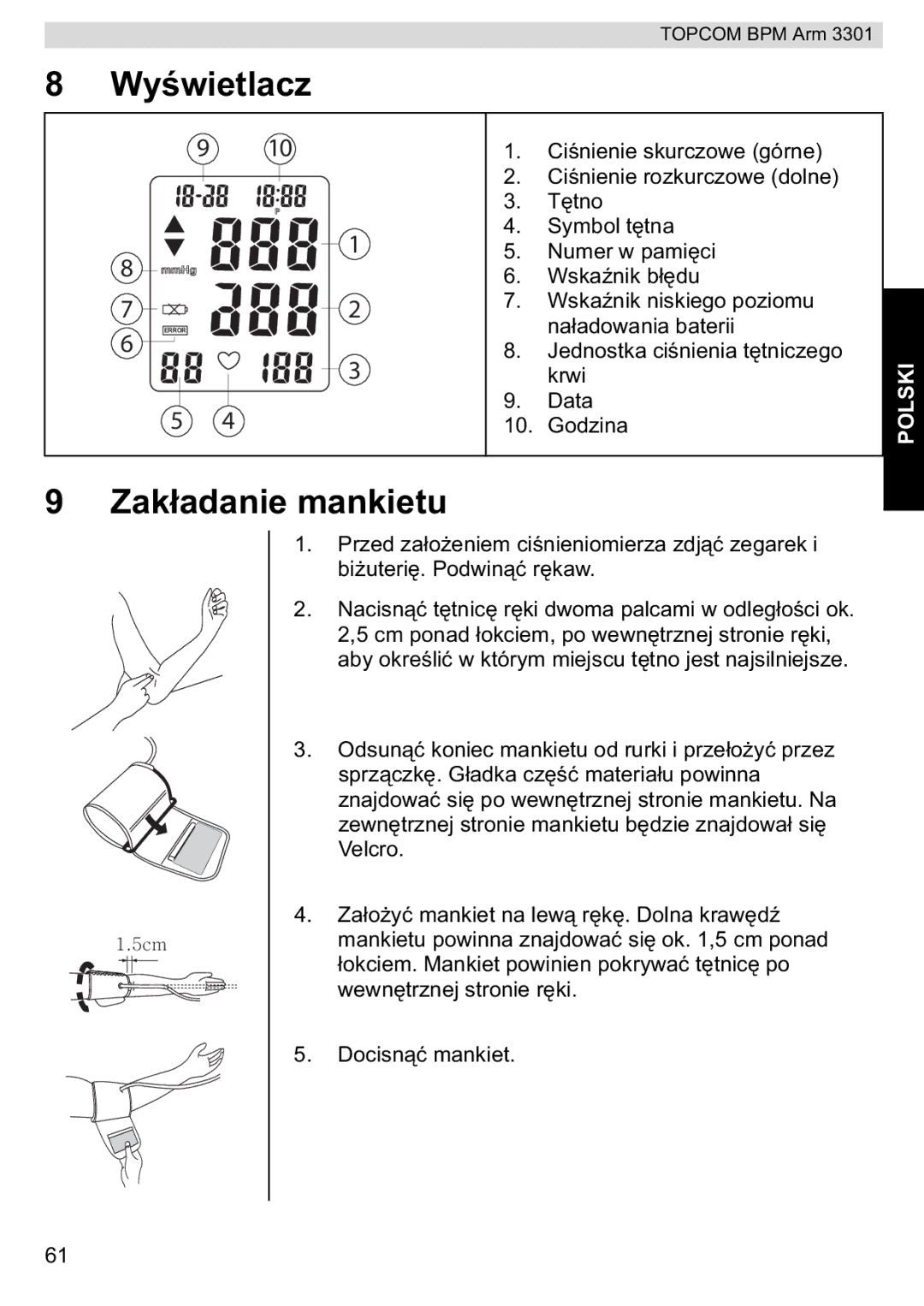 Topcom BPM ARM 3301 manual do utilizador Zakanie mankietu 