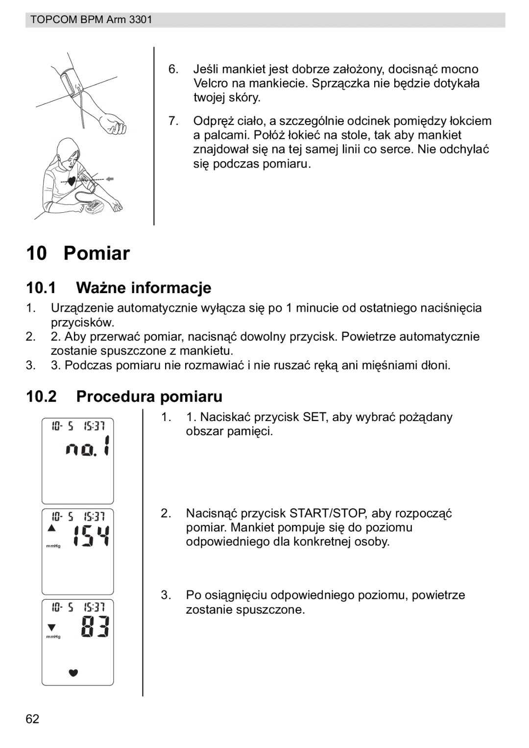 Topcom BPM ARM 3301 manual do utilizador Pomiar, Wane informacje, Procedura pomiaru 