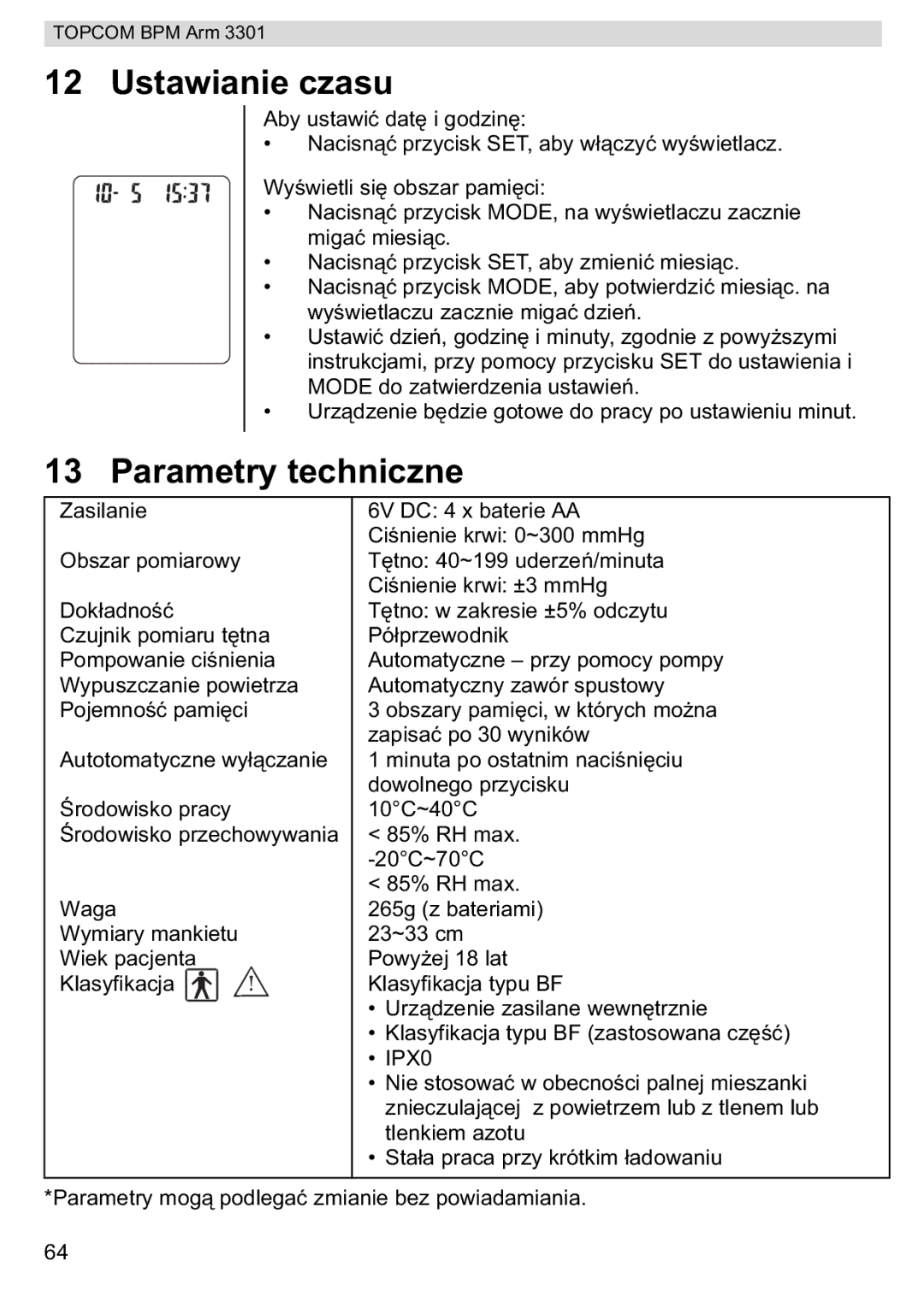 Topcom BPM ARM 3301 manual do utilizador Ustawianie czasu, Parametry techniczne 