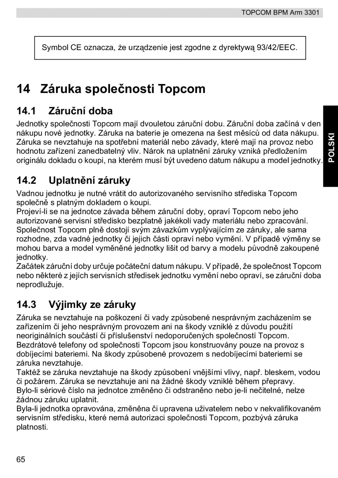 Topcom BPM ARM 3301 manual do utilizador 14 Záruka spoleopcom, 14.1 Záruba, Uplatnní záruky 