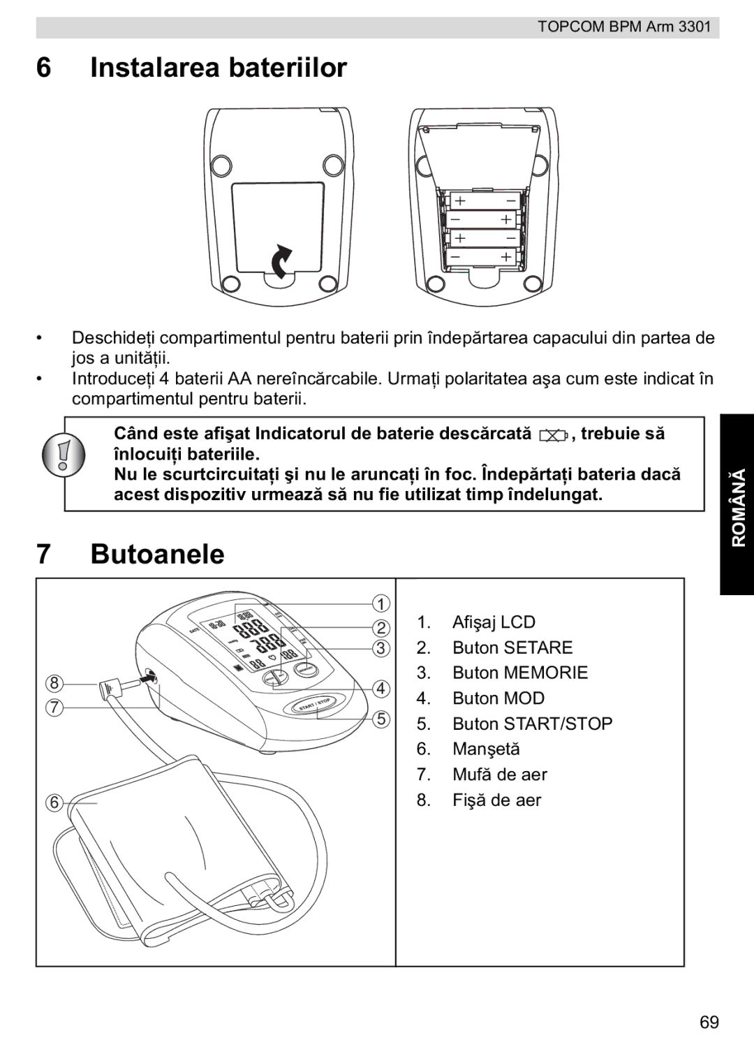 Topcom BPM ARM 3301 manual do utilizador Instalarea bateriilor, Butoanele 
