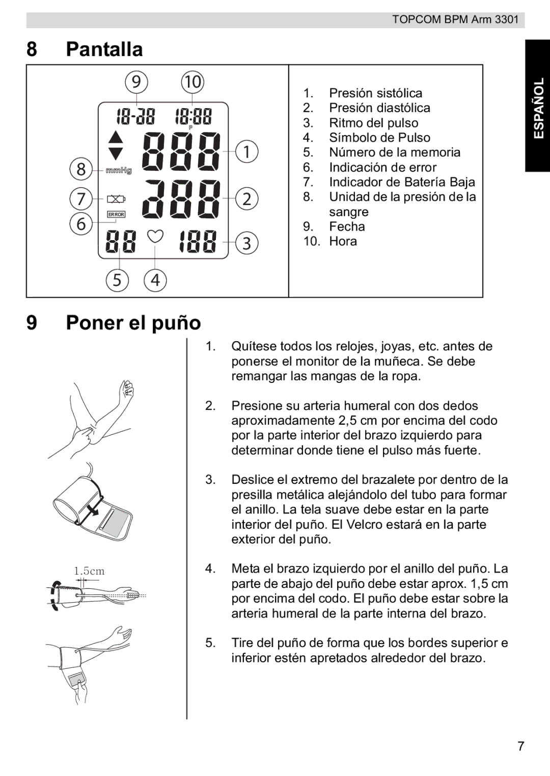 Topcom BPM ARM 3301 manual do utilizador Pantalla, Poner el puño 