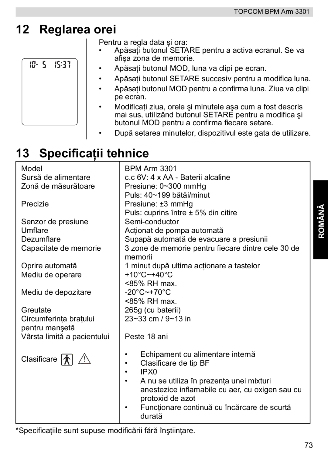 Topcom BPM ARM 3301 manual do utilizador Reglarea orei, Specificae 