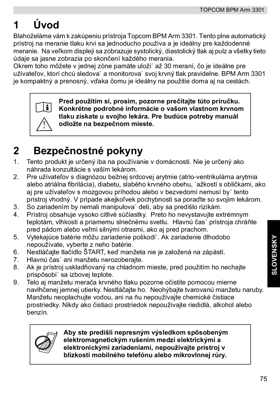 Topcom BPM ARM 3301 manual do utilizador Úvod, Bezpenostné pokyny 