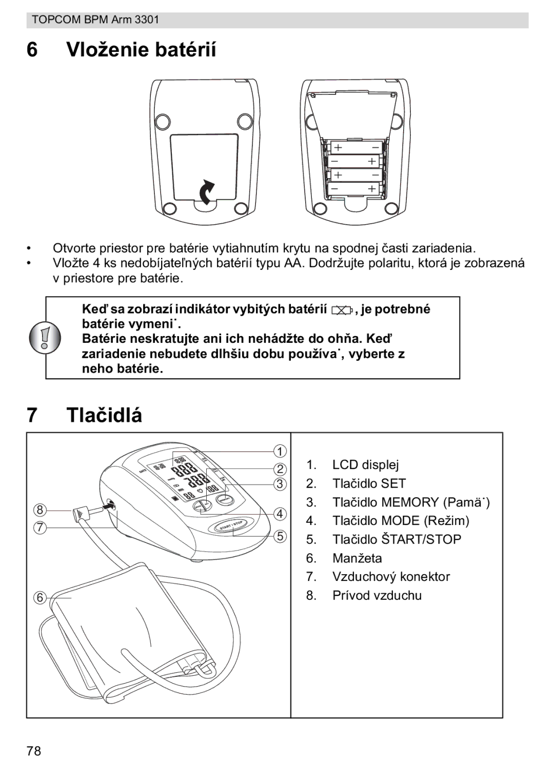 Topcom BPM ARM 3301 manual do utilizador Vloženie batérií, Tlaá 