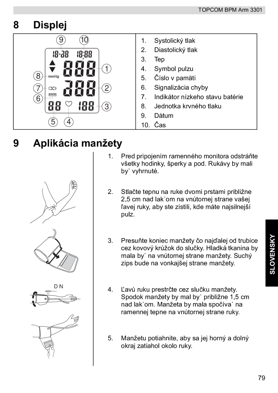 Topcom BPM ARM 3301 manual do utilizador Displej, Aplikácia manžety 