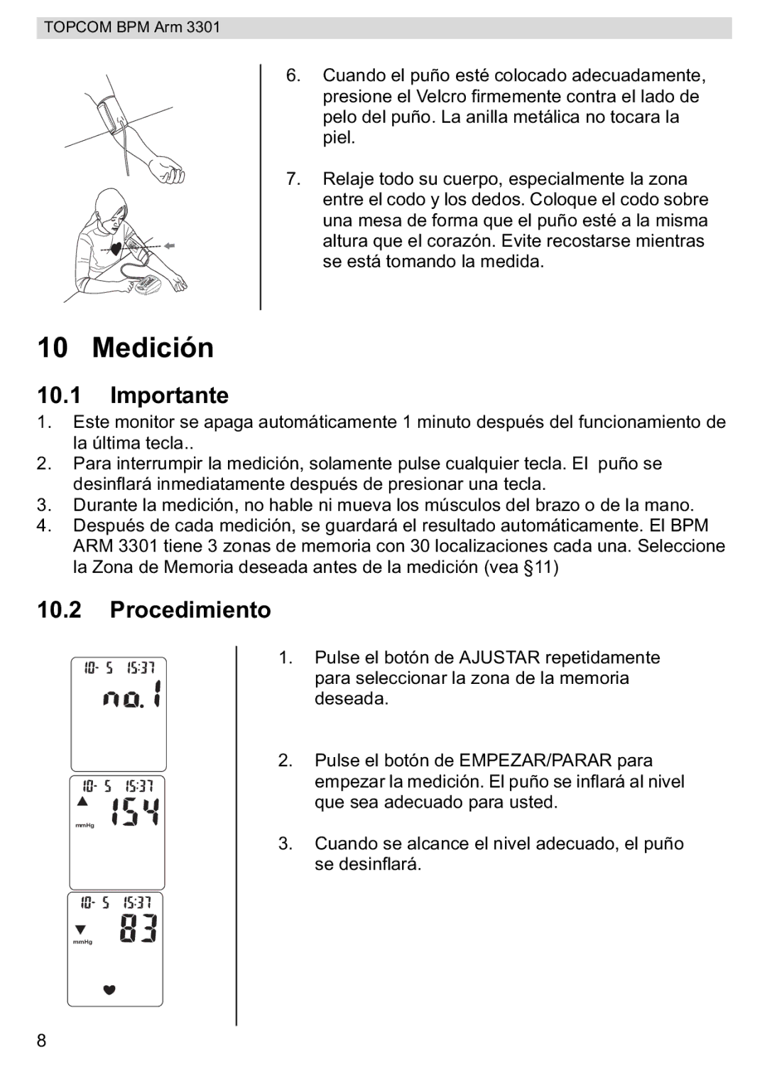 Topcom BPM ARM 3301 manual do utilizador Medición, Importante, Procedimiento 