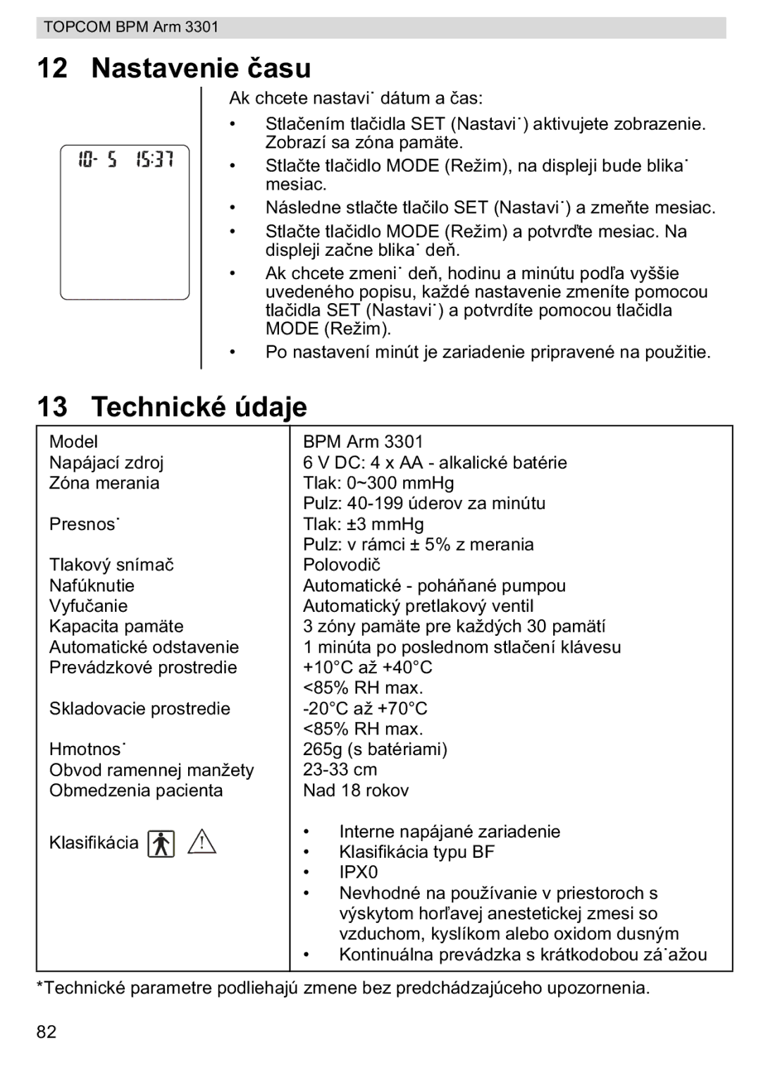 Topcom BPM ARM 3301 manual do utilizador Nastavenie u, Technické údaje 