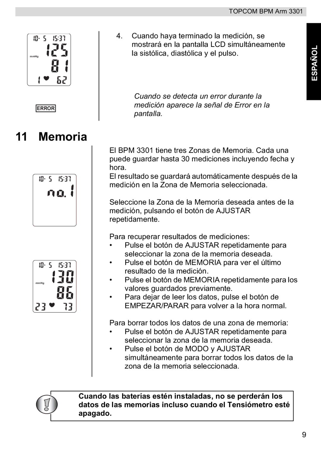 Topcom BPM ARM 3301 manual do utilizador Memoria, Pantalla 