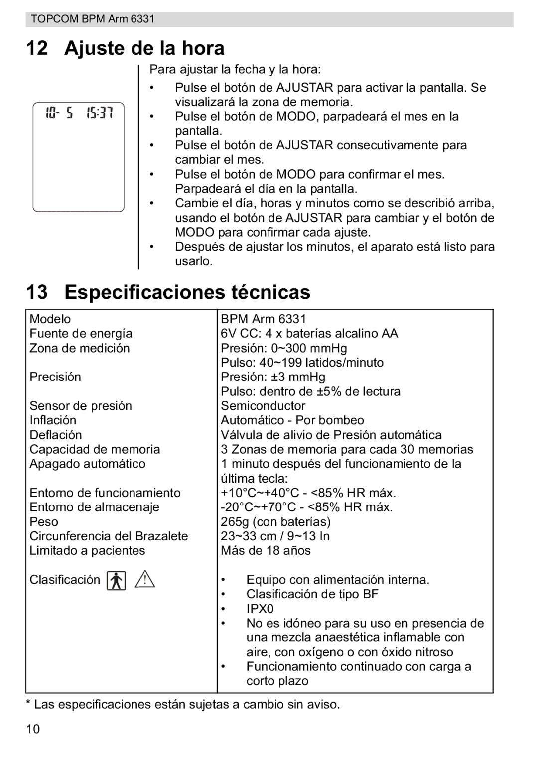 Topcom BPM ARM 6331 manual do utilizador Ajuste de la hora, Especificaciones técnicas 