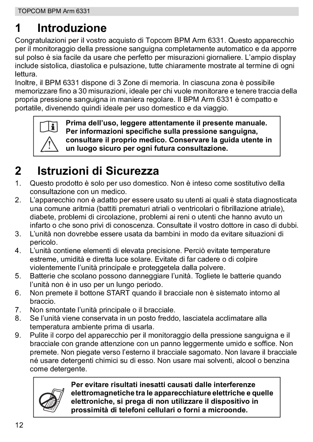 Topcom BPM ARM 6331 manual do utilizador Introduzione, Istruzioni di Sicurezza 