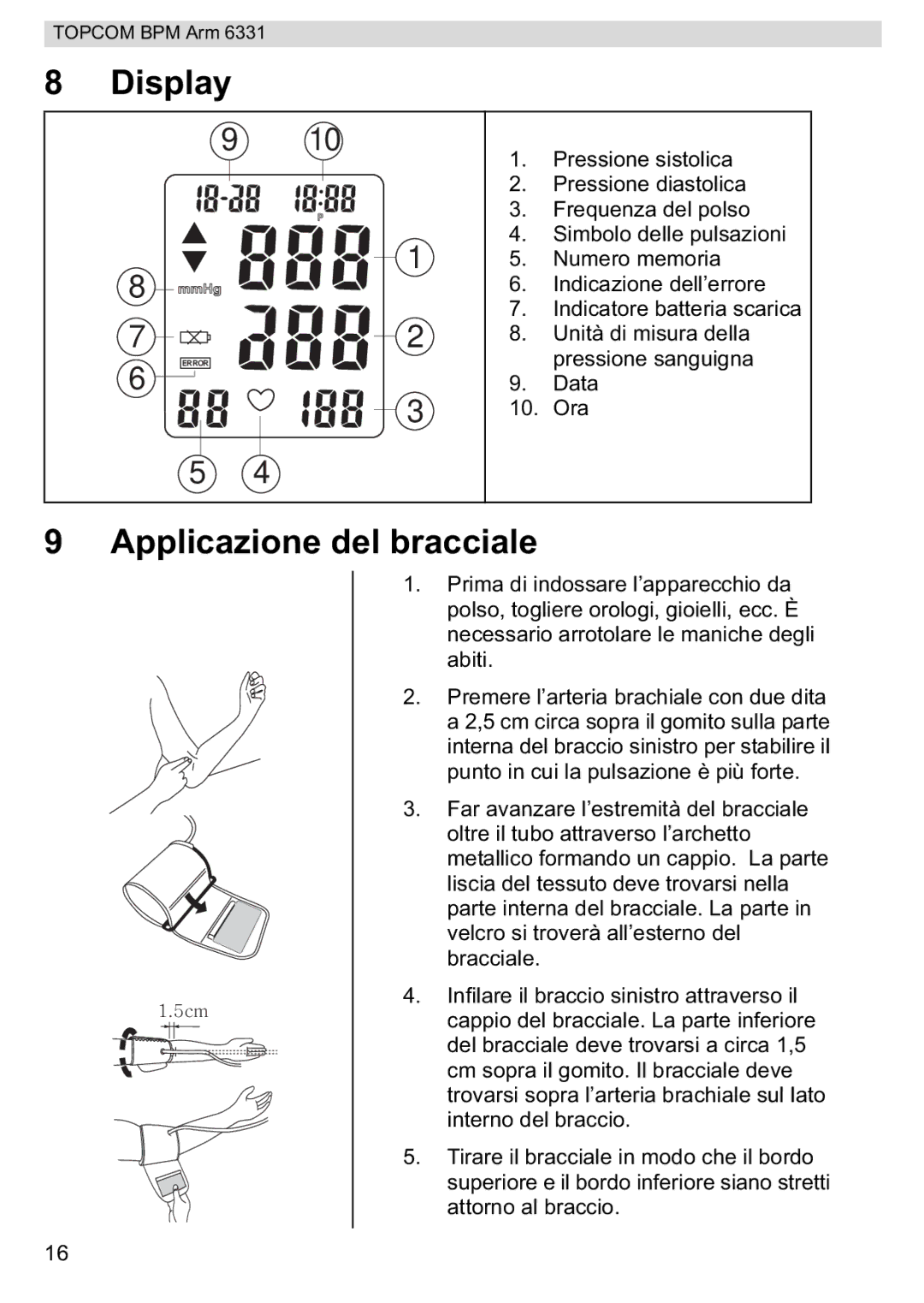 Topcom BPM ARM 6331 manual do utilizador Display, Applicazione del bracciale 