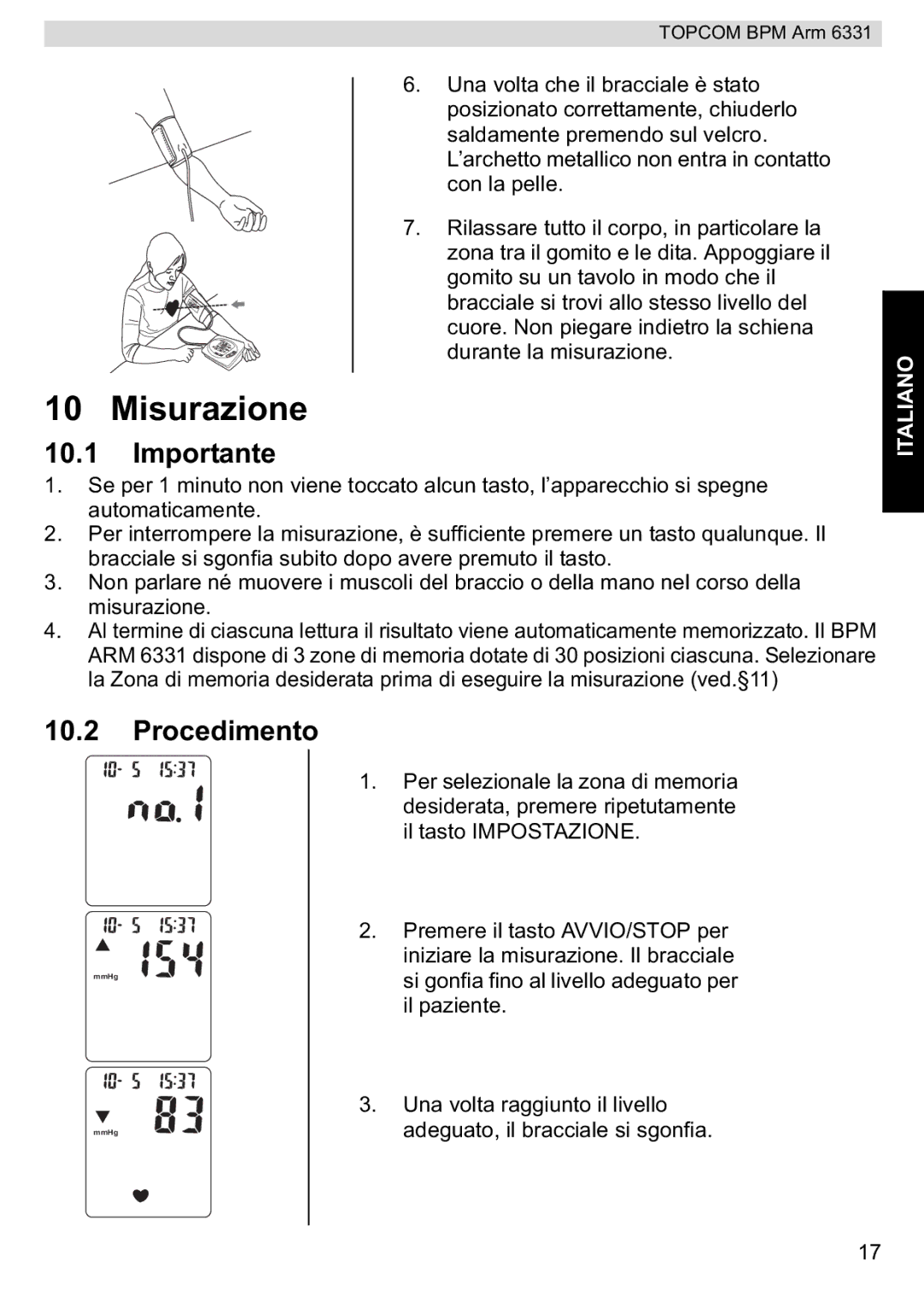 Topcom BPM ARM 6331 manual do utilizador Misurazione, Procedimento 