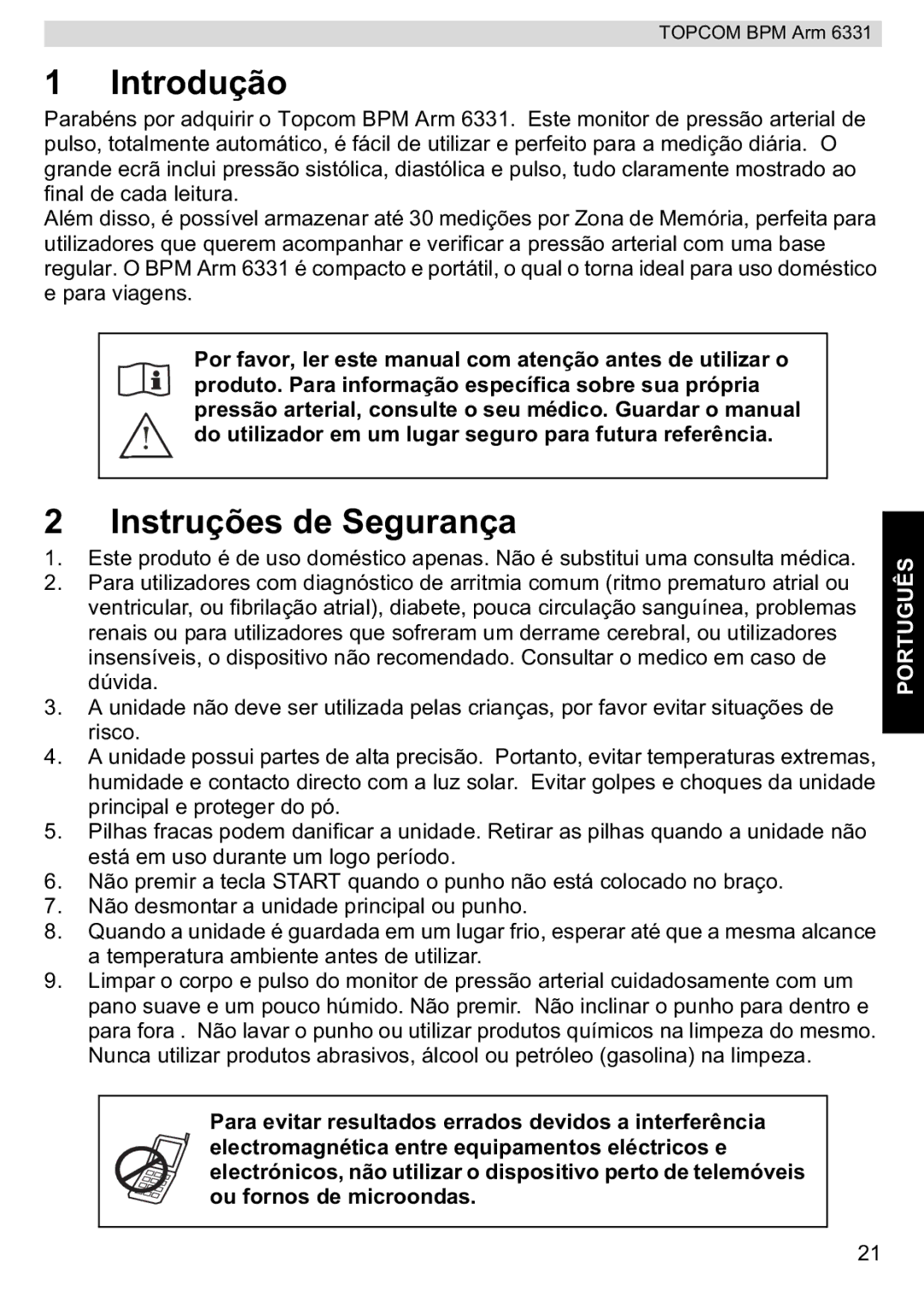 Topcom BPM ARM 6331 manual do utilizador Introdução, Instruções de Segurança 