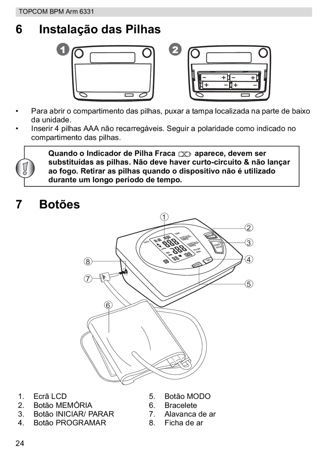 Topcom BPM ARM 6331 manual do utilizador Instalação das Pilhas, Botões 