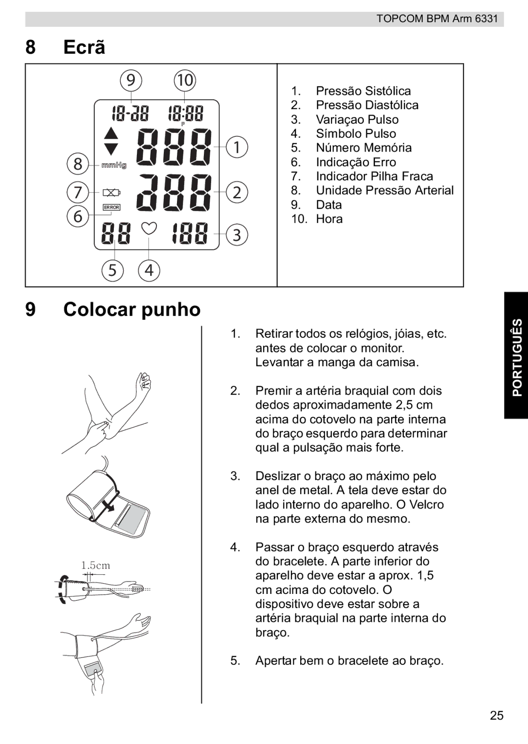 Topcom BPM ARM 6331 manual do utilizador Ecrã, Colocar punho 