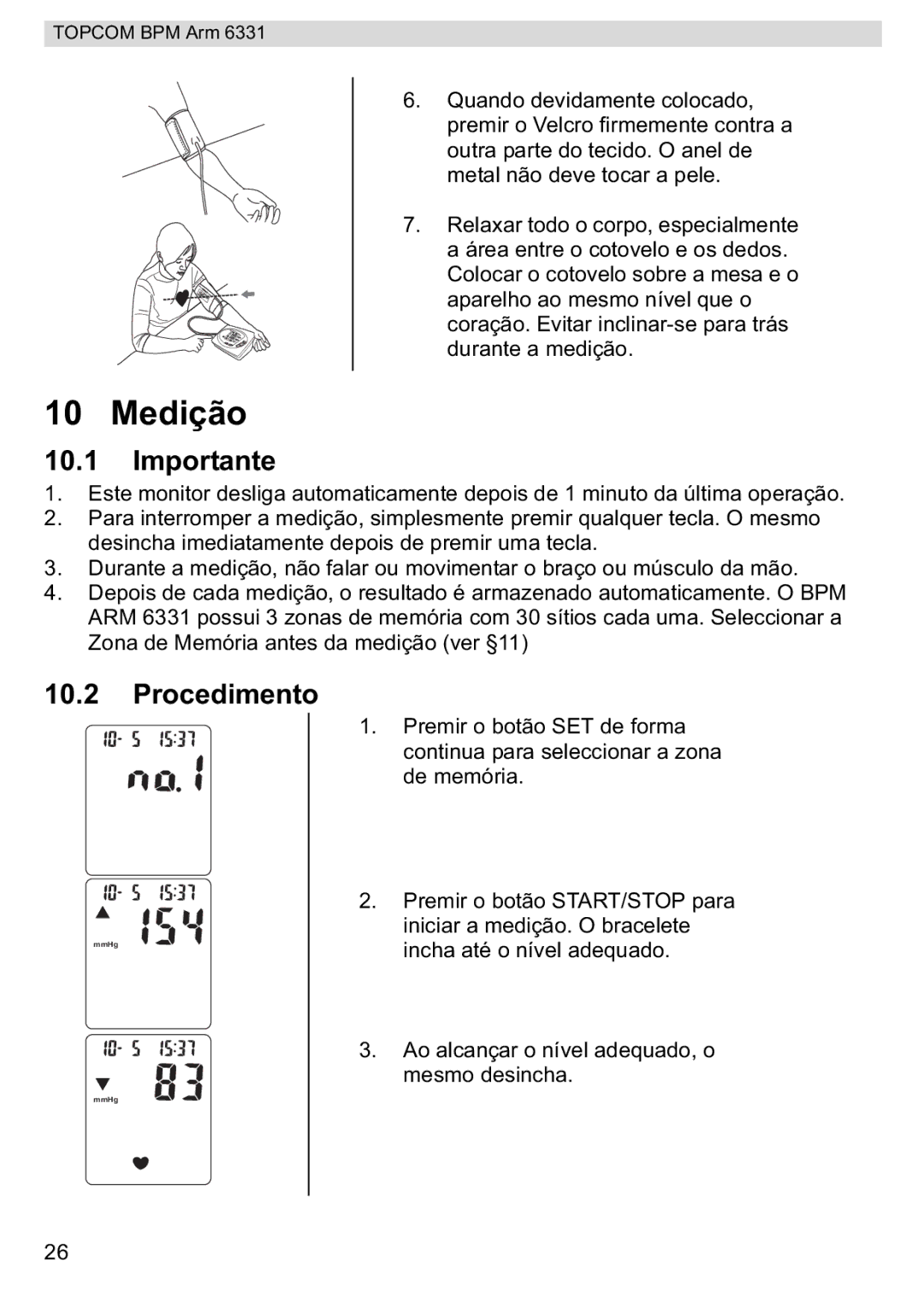 Topcom BPM ARM 6331 manual do utilizador Medição, Importante 