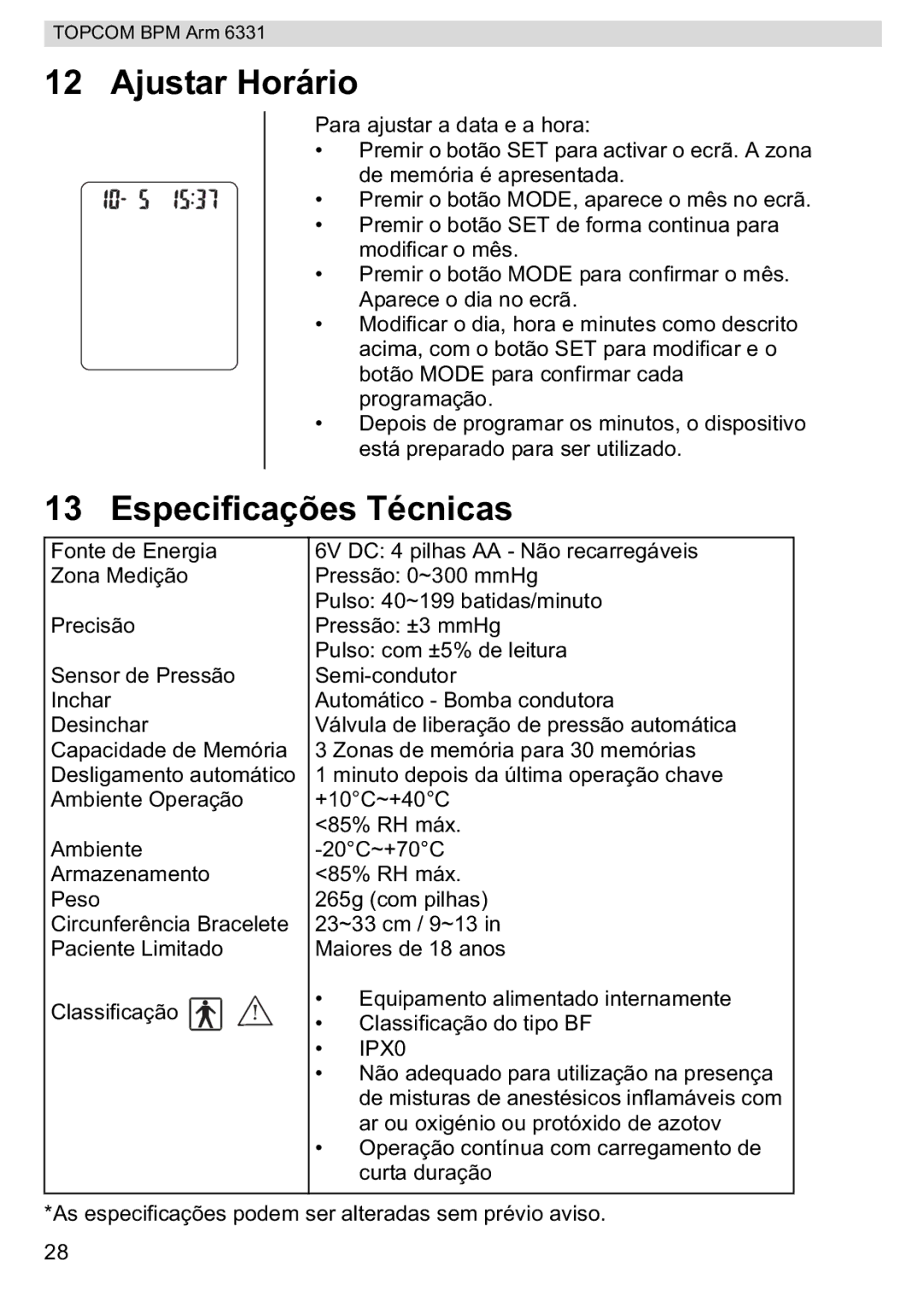 Topcom BPM ARM 6331 manual do utilizador Ajustar Horário, Especificações Técnicas 