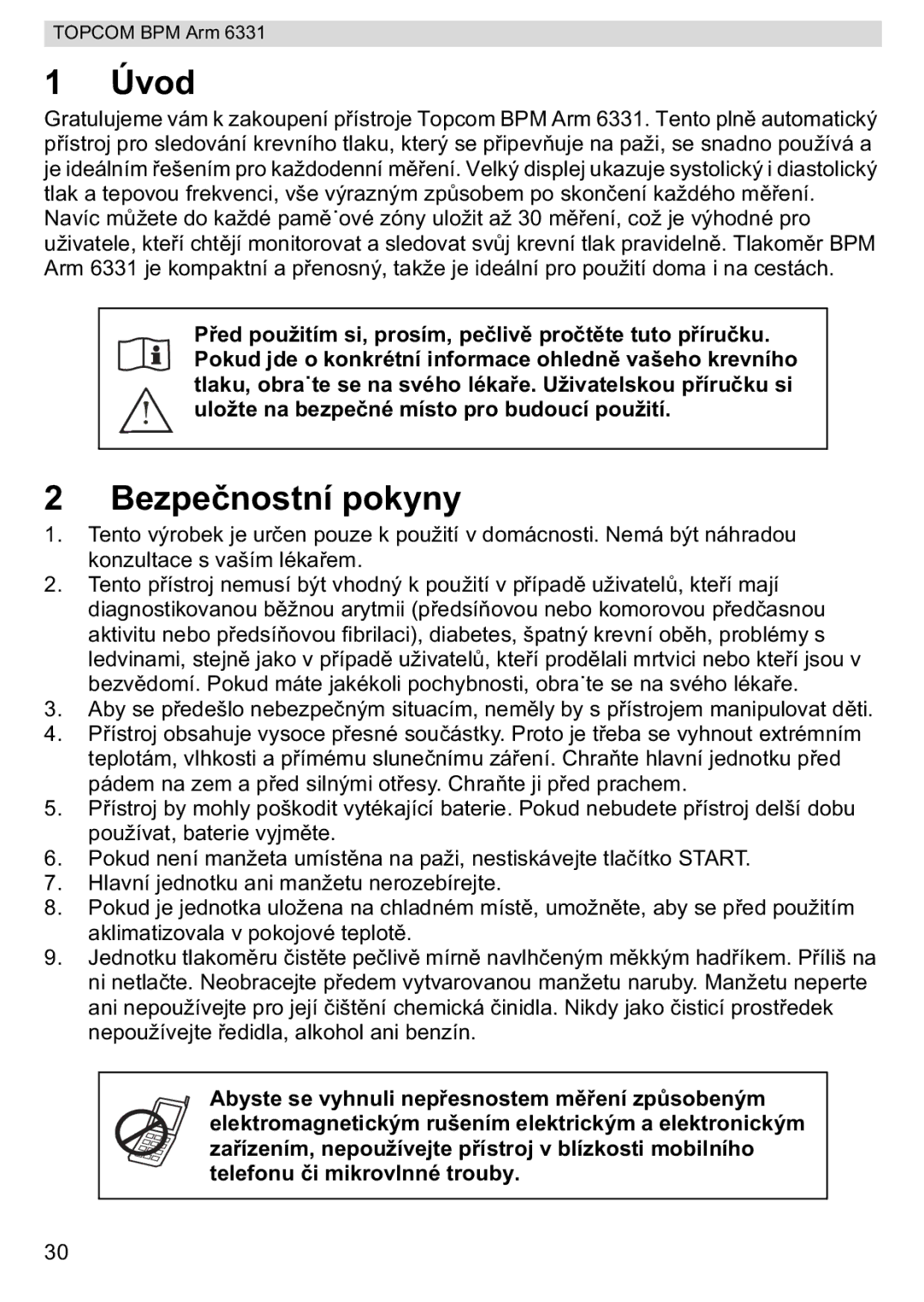 Topcom BPM ARM 6331 manual do utilizador Úvod, Bezpenostní pokyny 