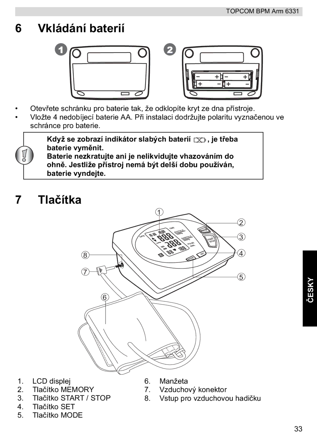 Topcom BPM ARM 6331 manual do utilizador Vkládání baterií, Tla 