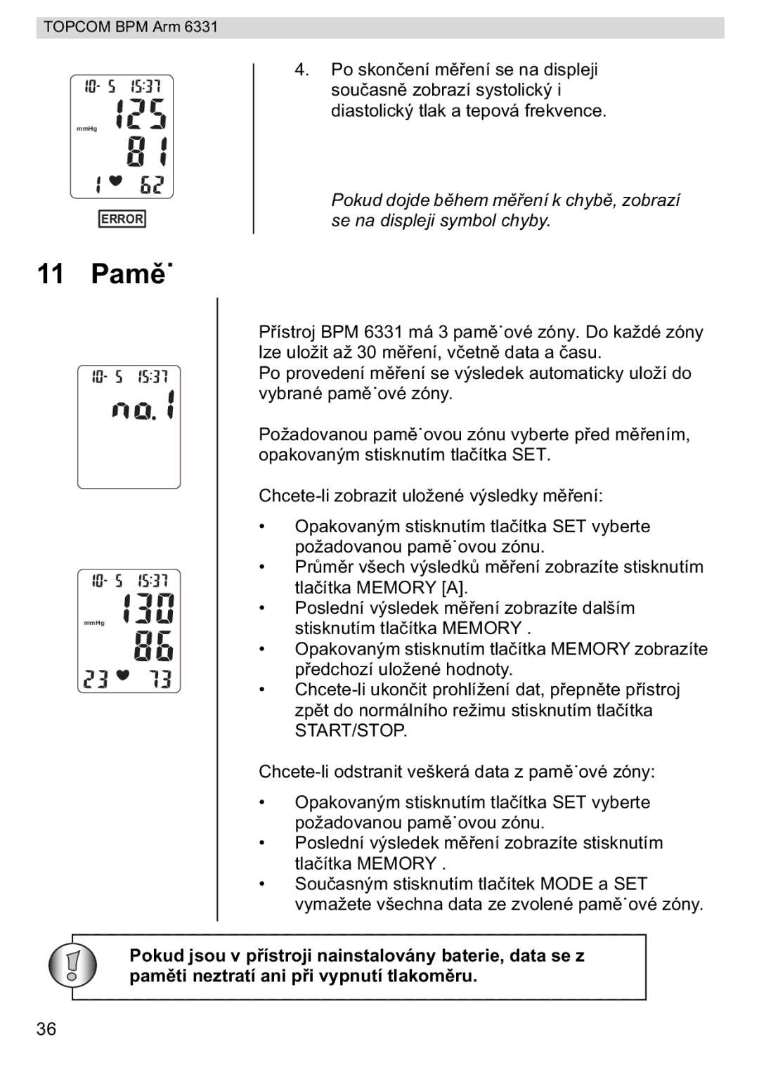 Topcom BPM ARM 6331 manual do utilizador 11 Pam, Start/Stop 