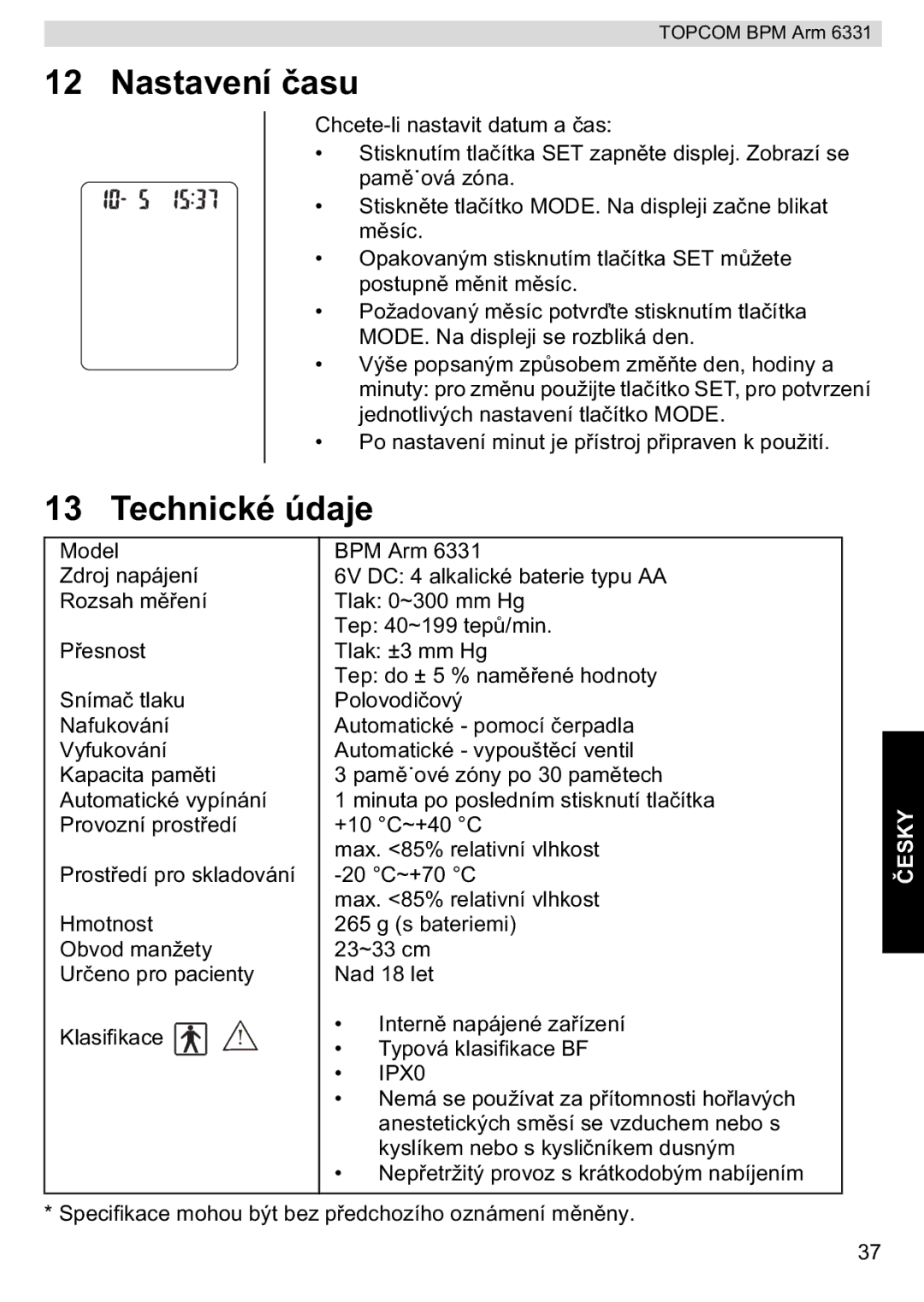 Topcom BPM ARM 6331 manual do utilizador Nastavení, Technické údaje 