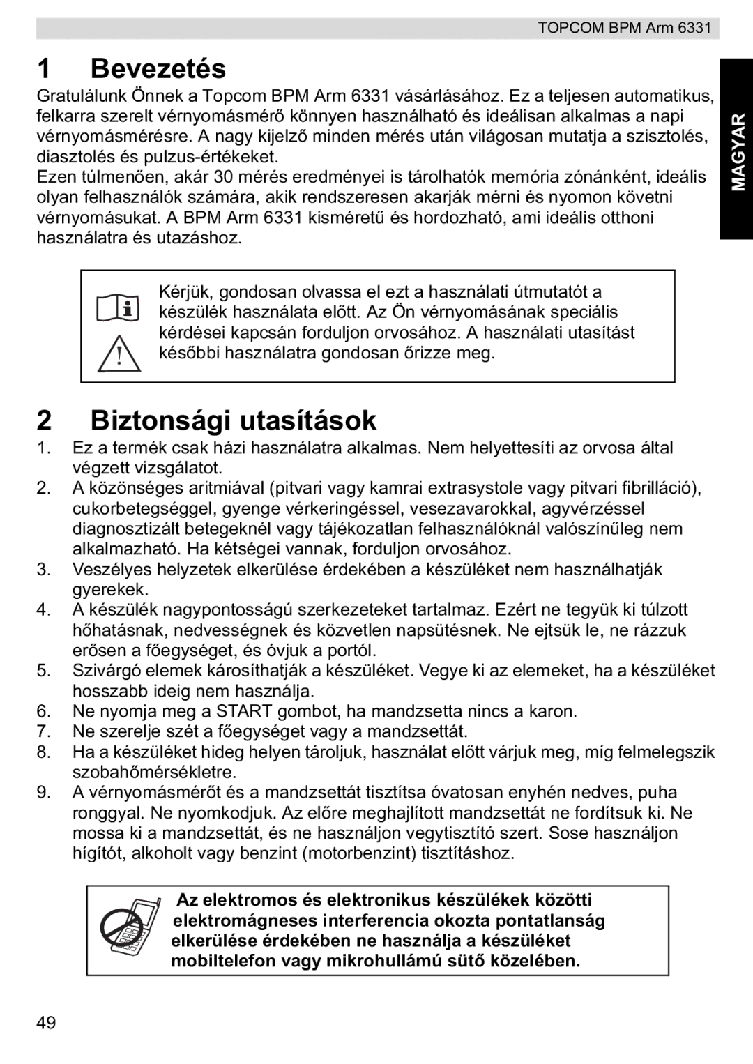 Topcom BPM ARM 6331 manual do utilizador Bevezetés, Biztonsági utasítások 