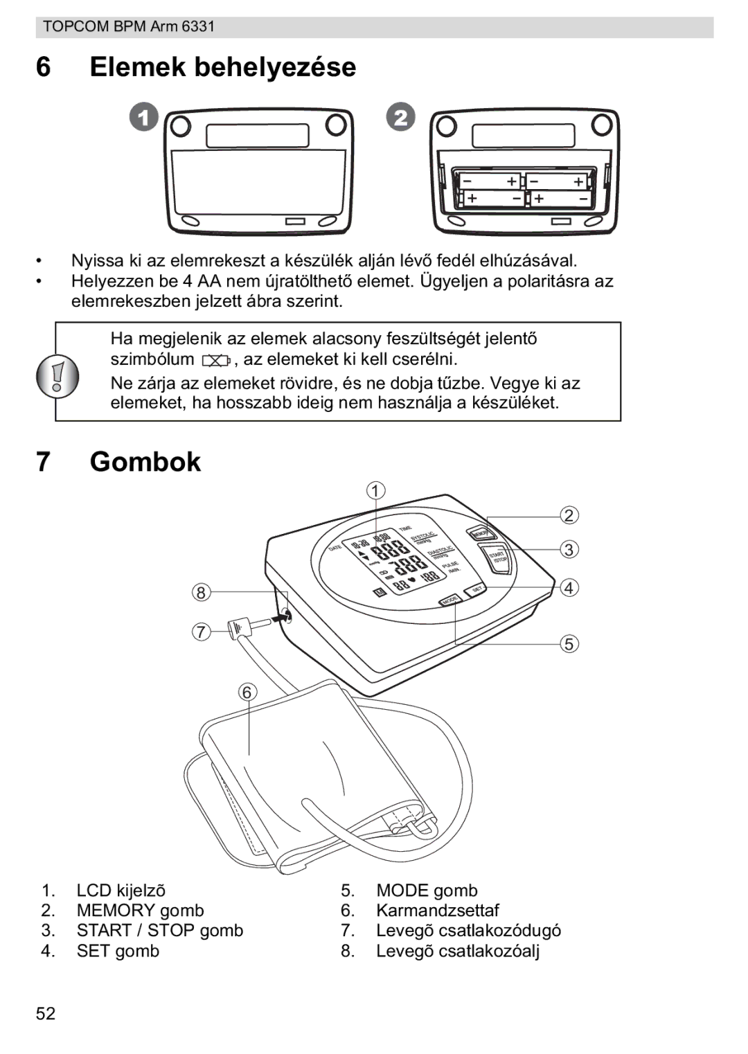 Topcom BPM ARM 6331 manual do utilizador Elemek behelyezése, Gombok 