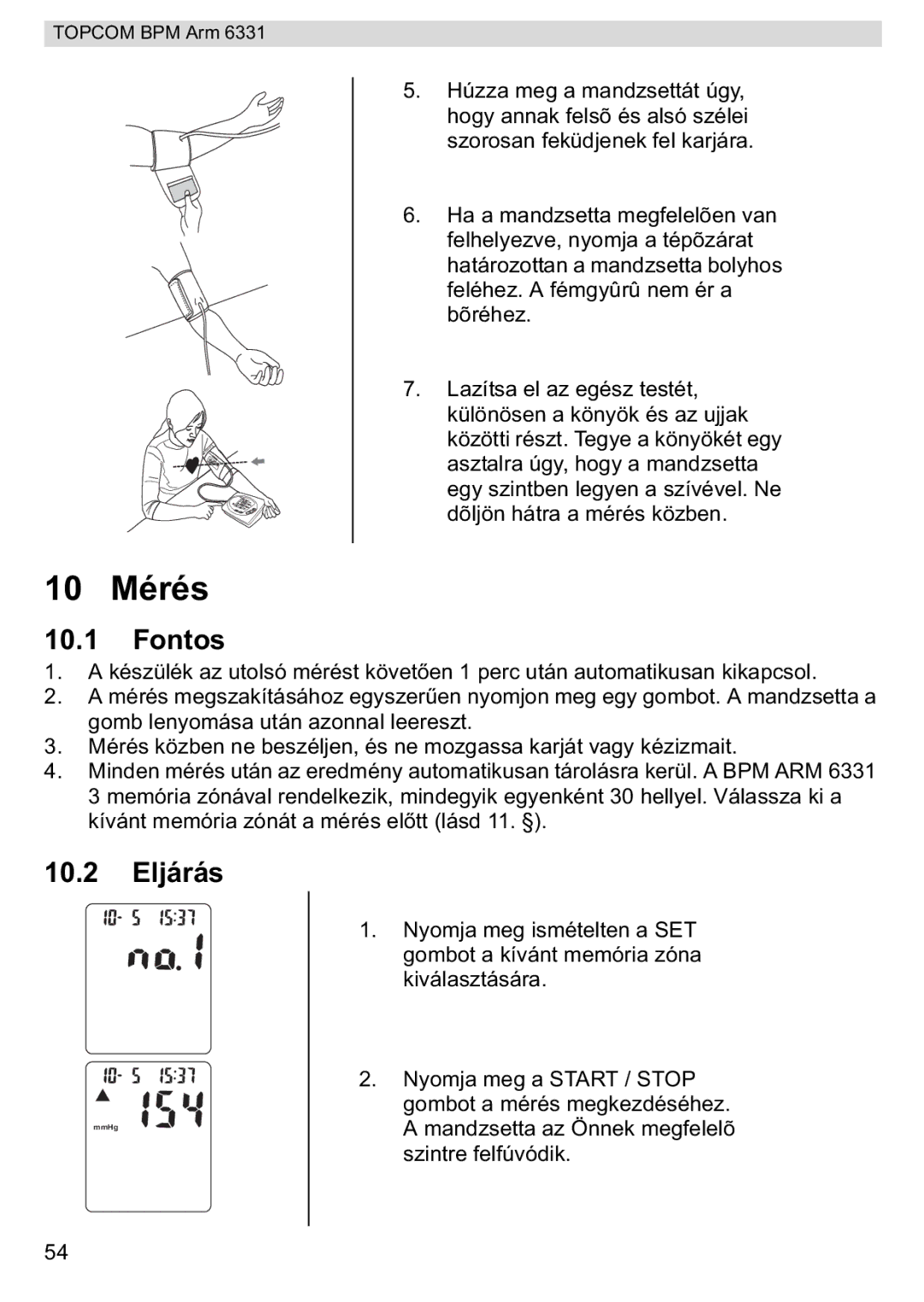 Topcom BPM ARM 6331 manual do utilizador 10 Mérés, Fontos, 10.2 Eljárás 