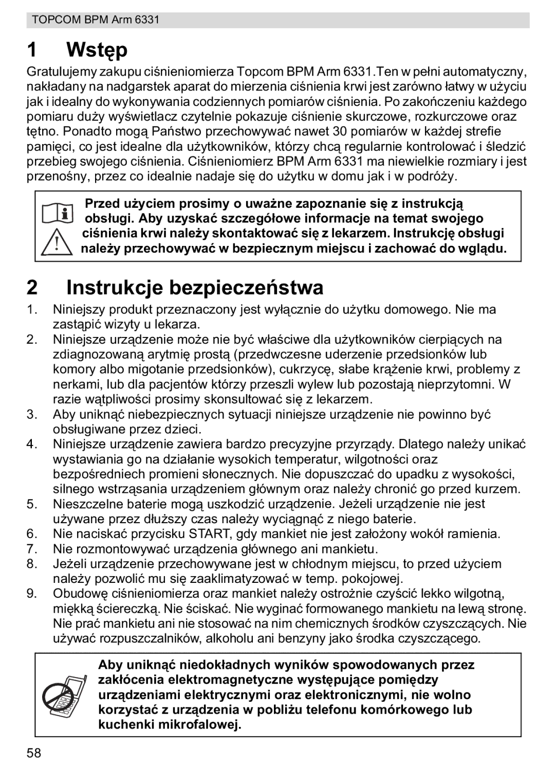 Topcom BPM ARM 6331 manual do utilizador Wstp, Instrukcje bezpiecze 