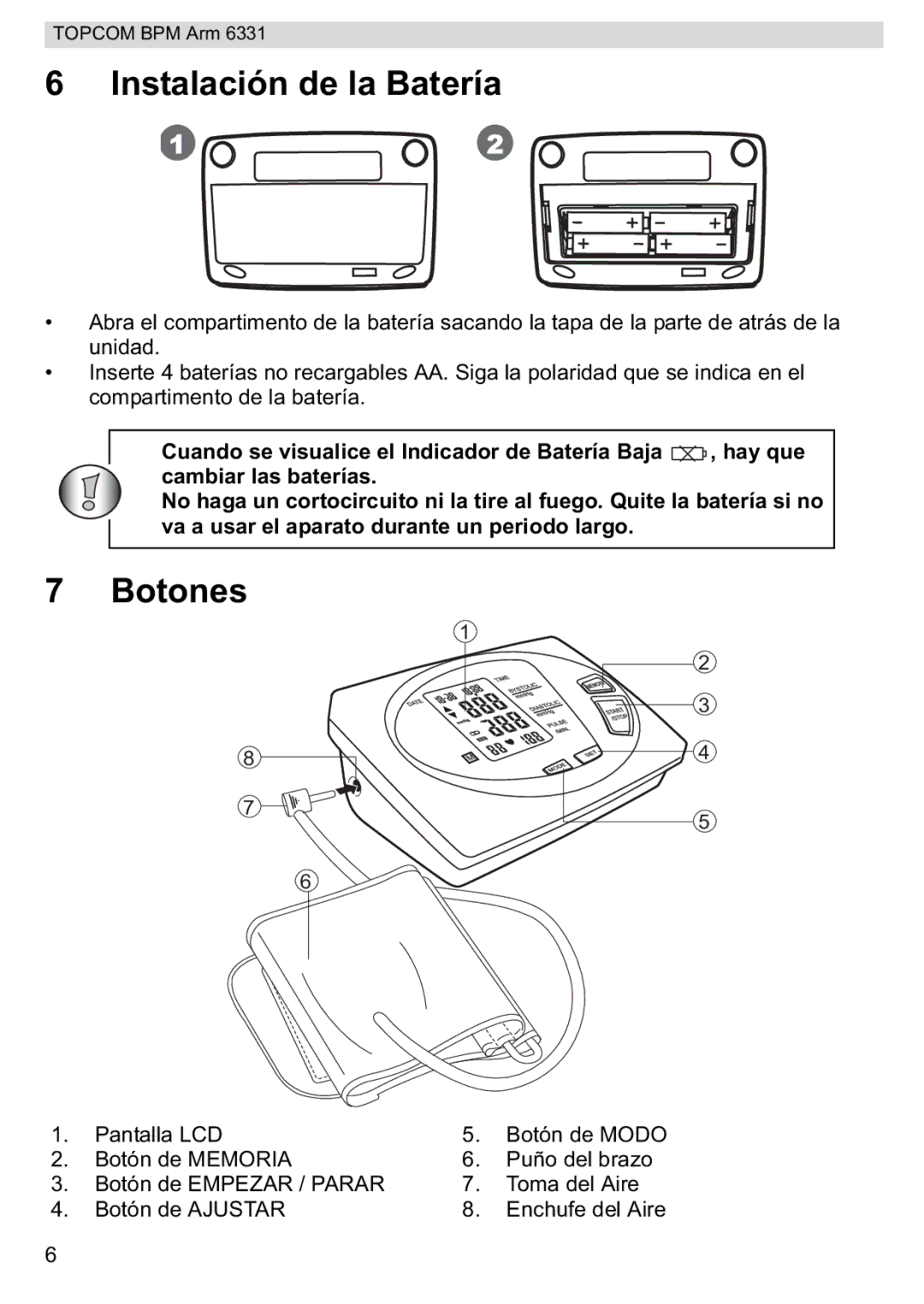 Topcom BPM ARM 6331 manual do utilizador Instalación de la Batería, Botones 