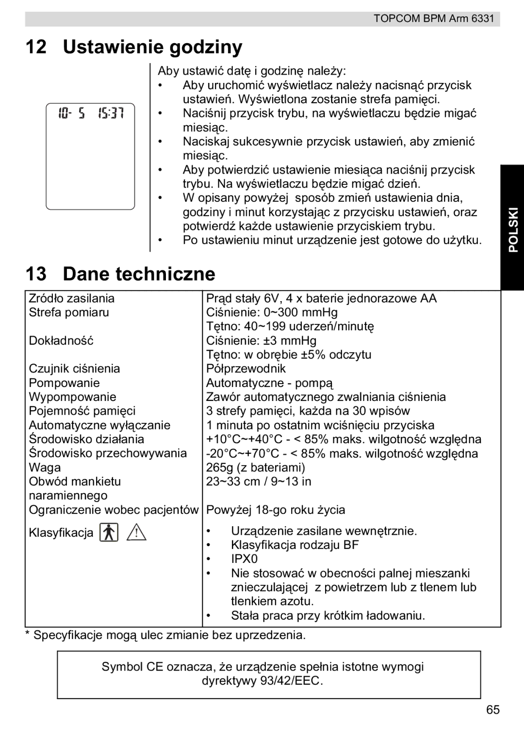 Topcom BPM ARM 6331 manual do utilizador Ustawienie godziny, Dane techniczne 