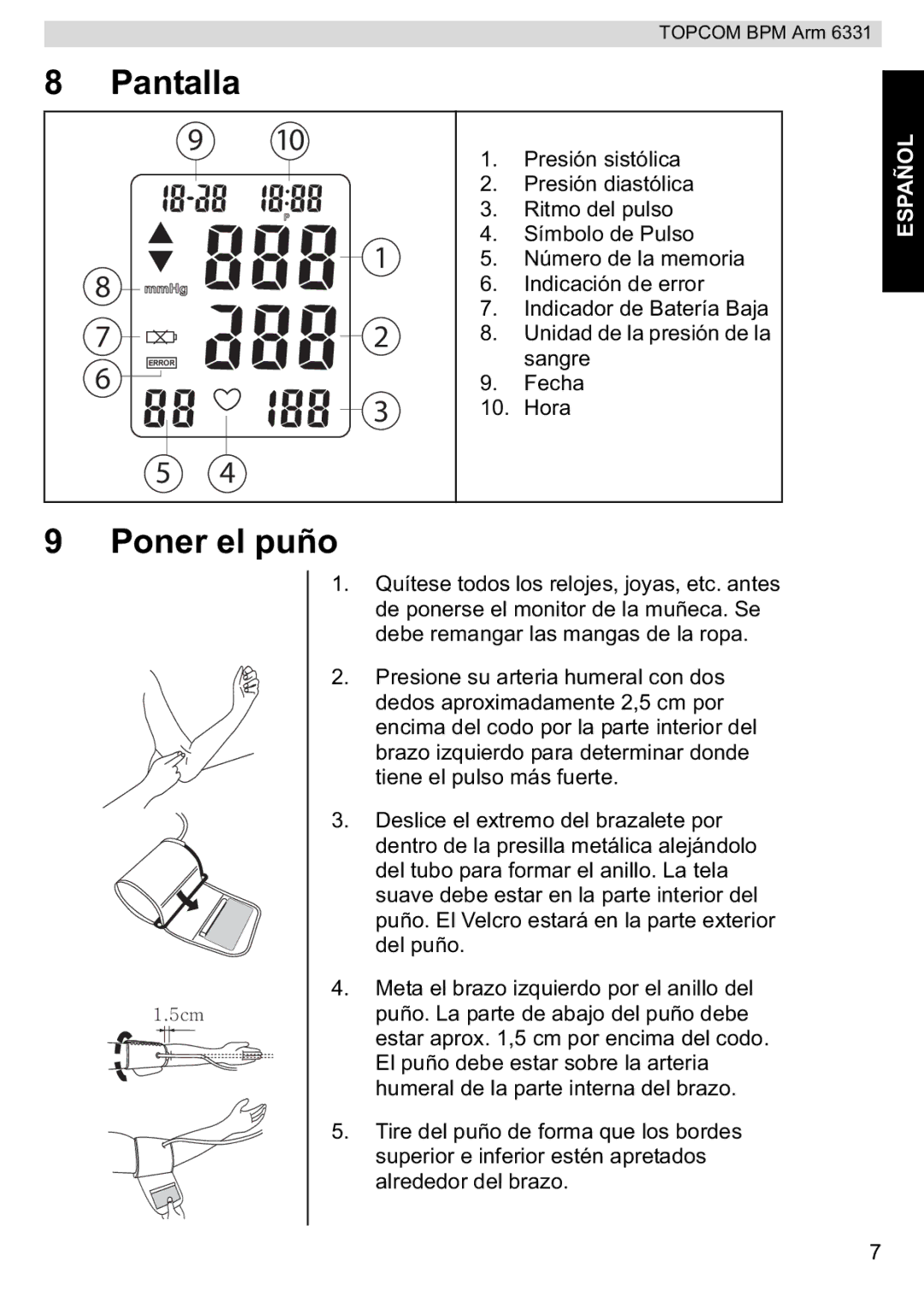 Topcom BPM ARM 6331 manual do utilizador Pantalla, Poner el puño 