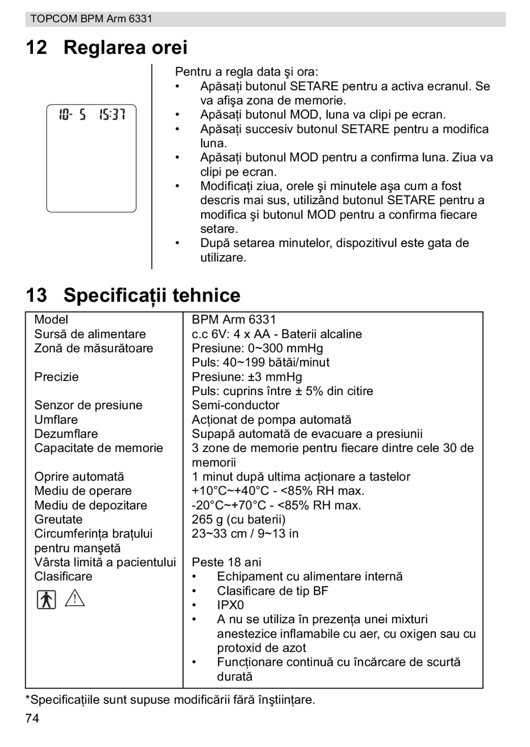 Topcom BPM ARM 6331 manual do utilizador Reglarea orei, Specificae 