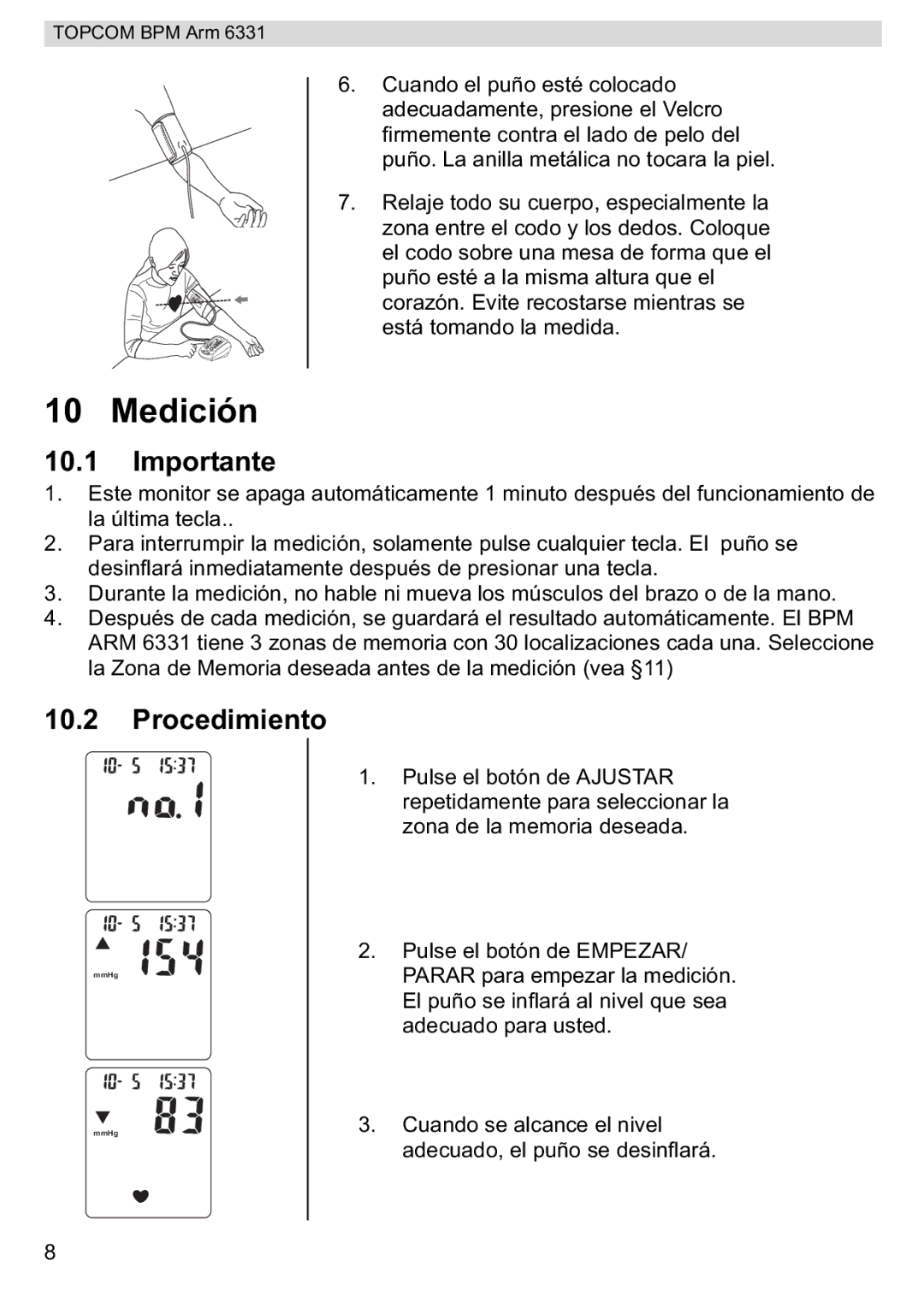 Topcom BPM ARM 6331 manual do utilizador Medición, Importante, Procedimiento 