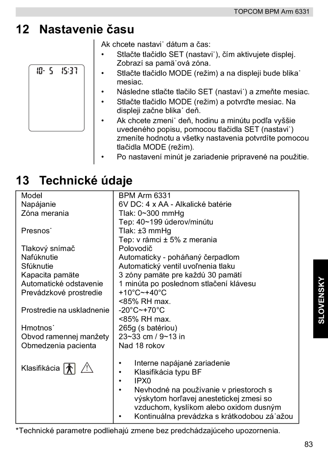 Topcom BPM ARM 6331 manual do utilizador Nastavenie u, IPX0 