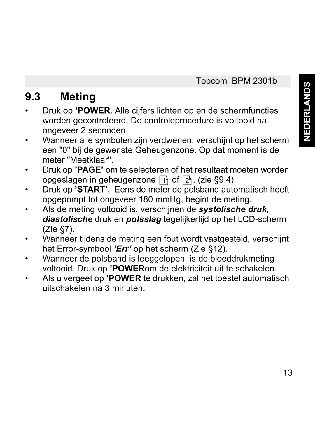 Topcom BPM WRIST 2301B manual Meting 