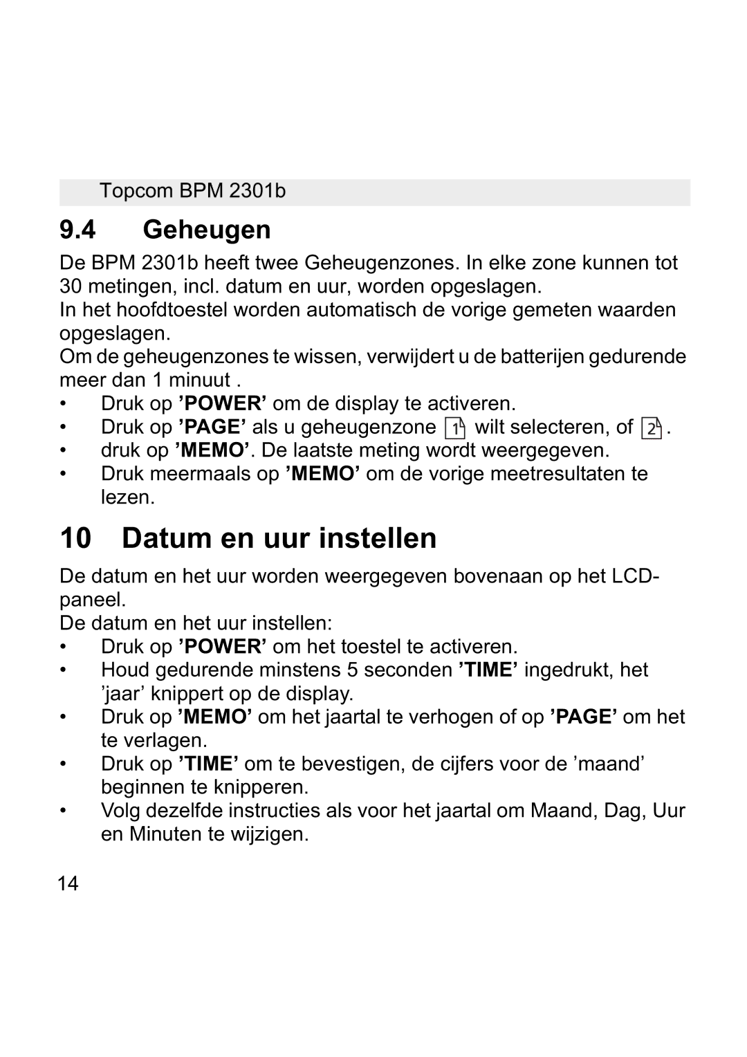 Topcom BPM WRIST 2301B manual Datum en uur instellen, Geheugen 