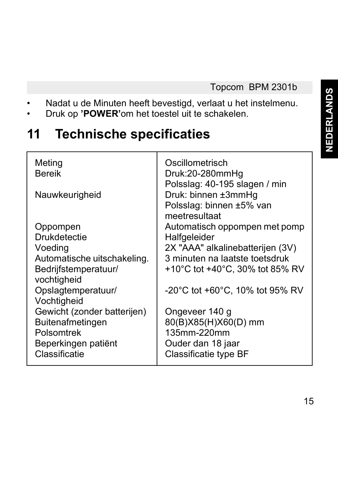 Topcom BPM WRIST 2301B manual Technische specificaties 