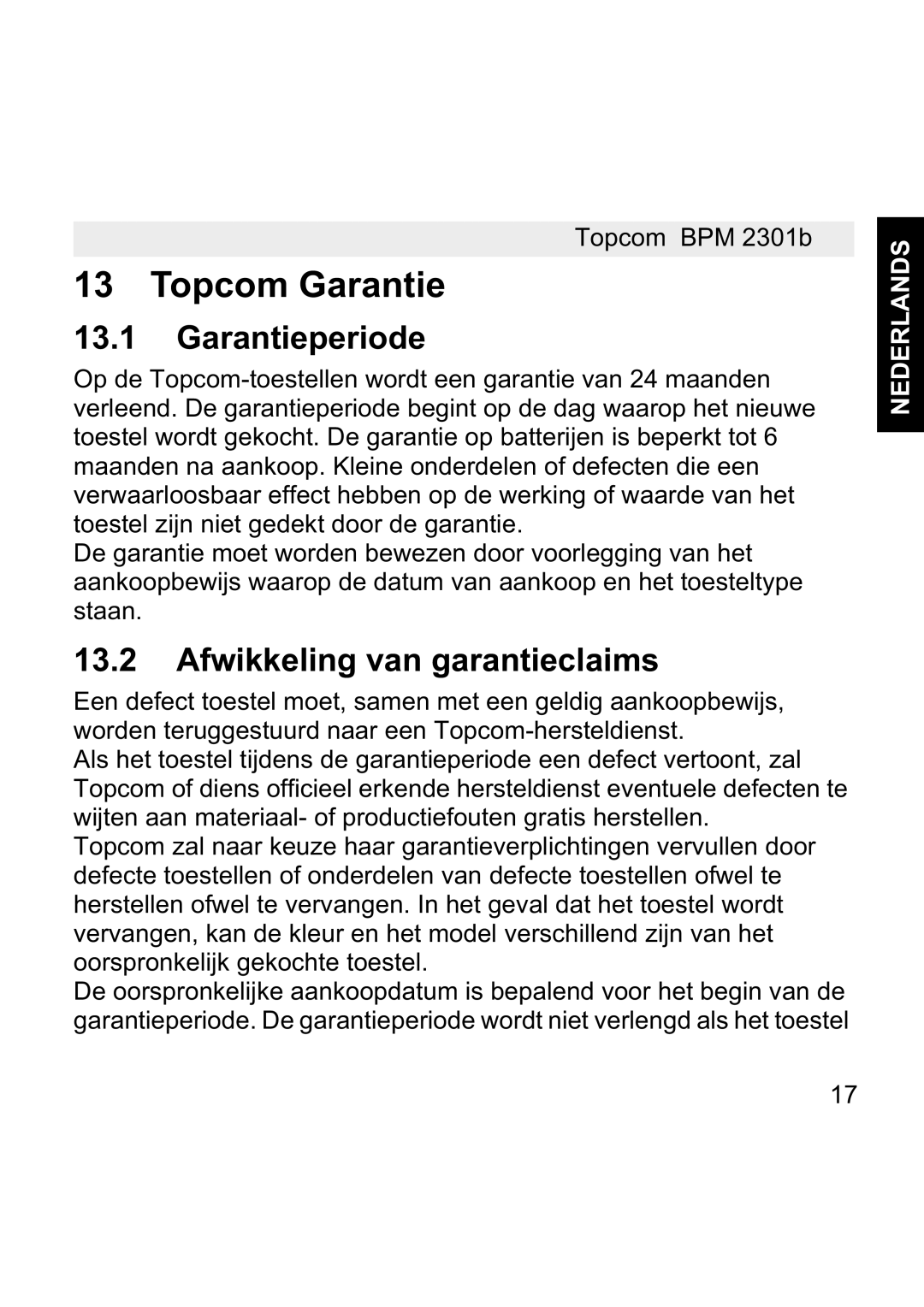 Topcom BPM WRIST 2301B manual Topcom Garantie, Garantieperiode, Afwikkeling van garantieclaims 