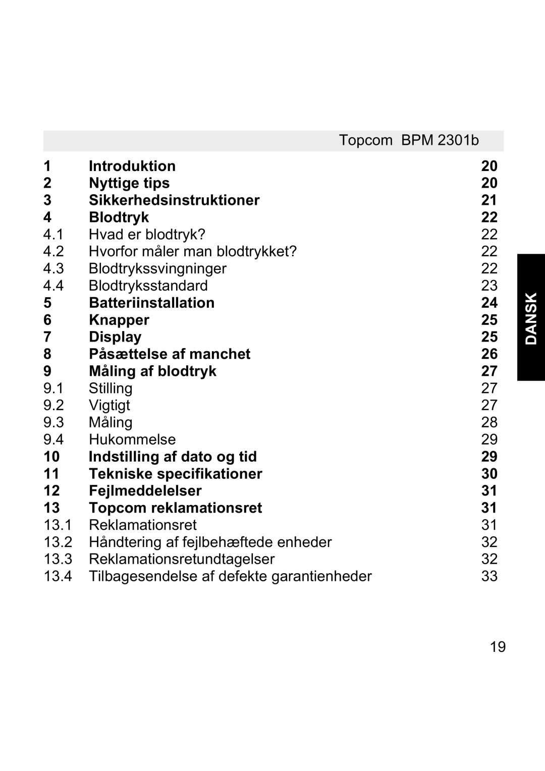 Topcom BPM WRIST 2301B manual Dansk 