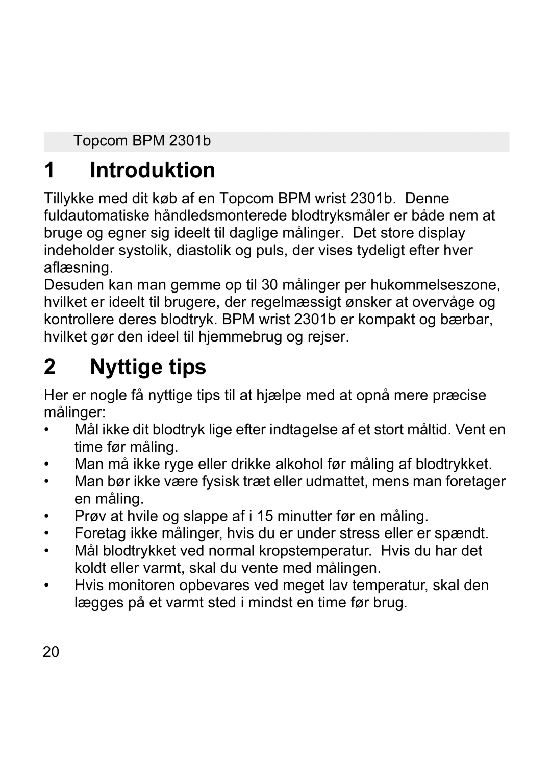 Topcom BPM WRIST 2301B manual Introduktion, Nyttige tips 