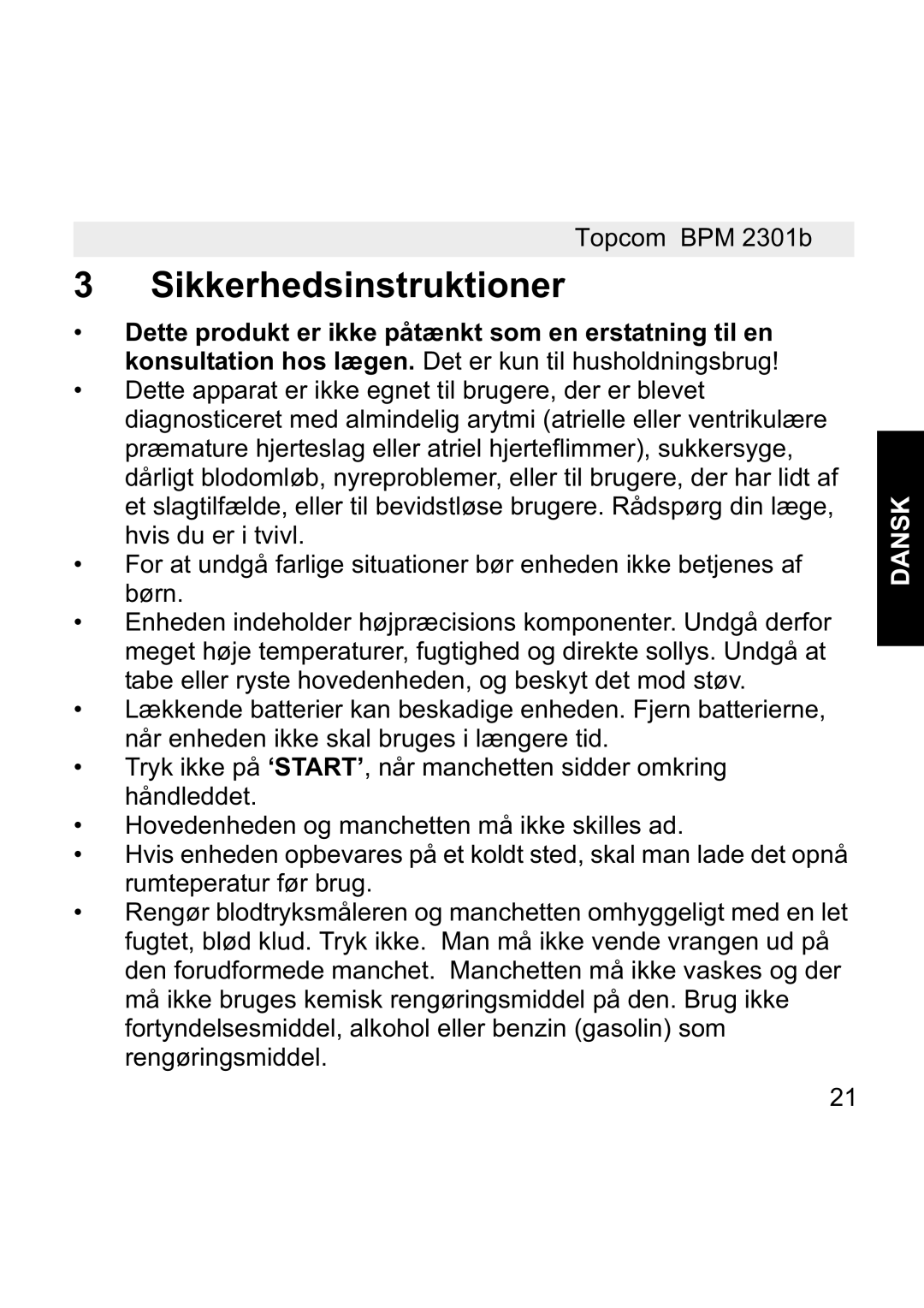 Topcom BPM WRIST 2301B manual Sikkerhedsinstruktioner 