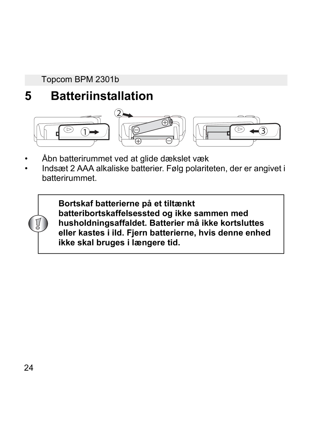 Topcom BPM WRIST 2301B manual Batteriinstallation 