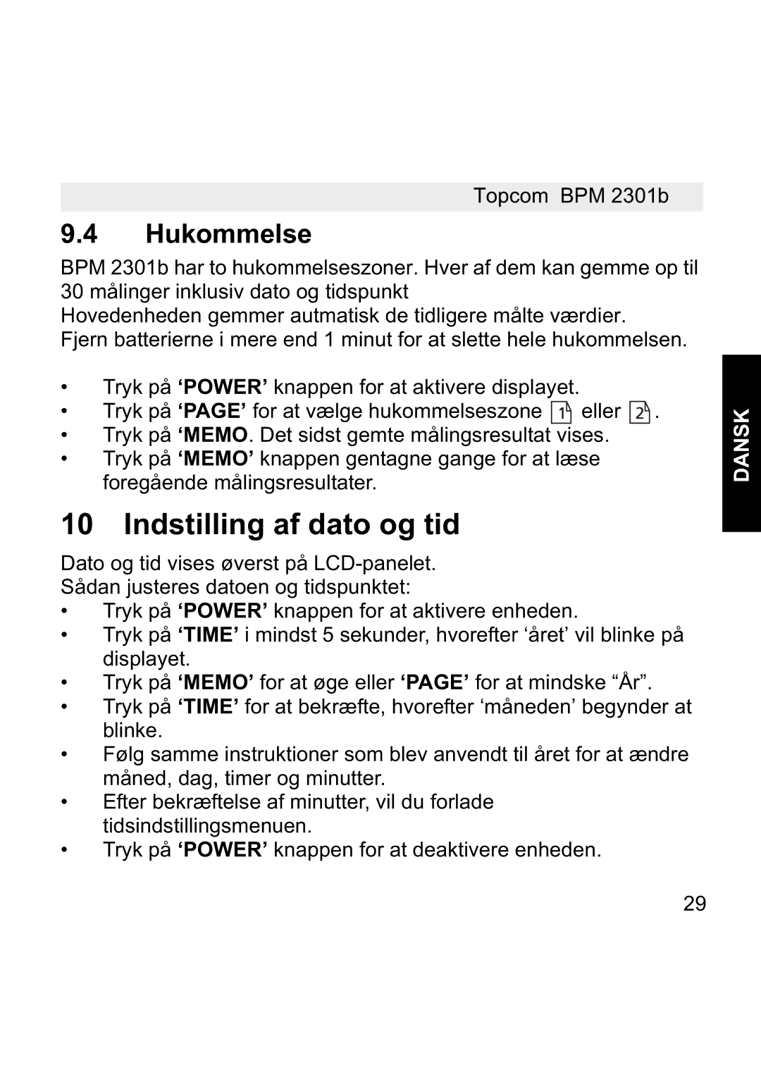 Topcom BPM WRIST 2301B manual Indstilling af dato og tid, Hukommelse 