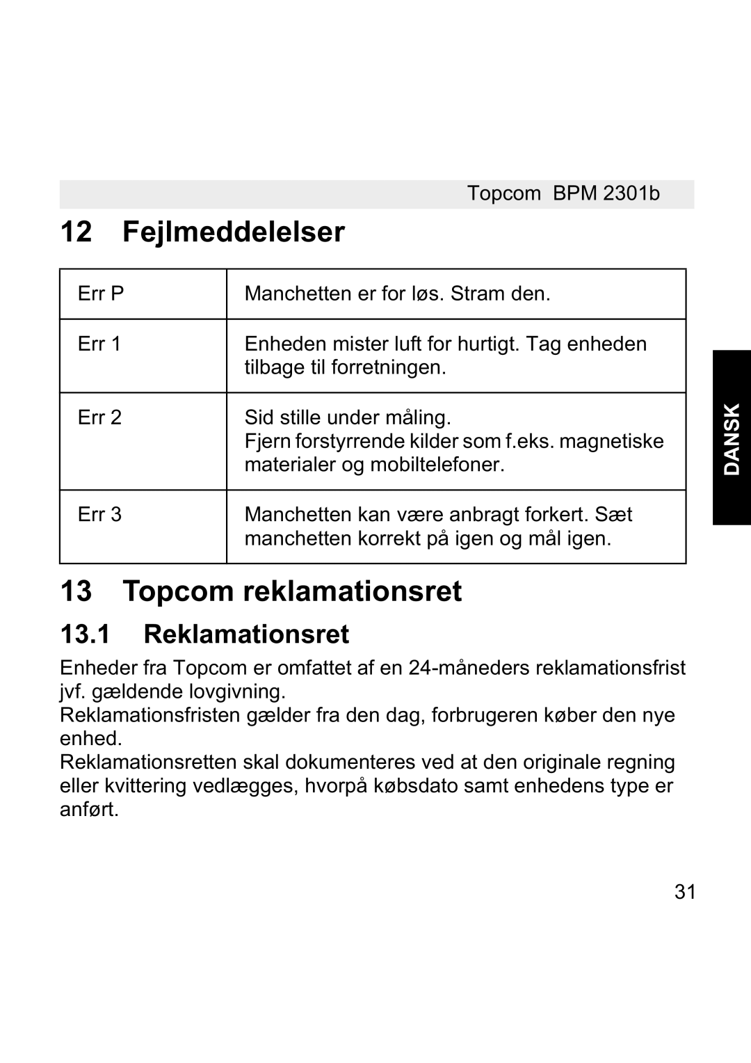 Topcom BPM WRIST 2301B manual Fejlmeddelelser, Topcom reklamationsret, Reklamationsret 