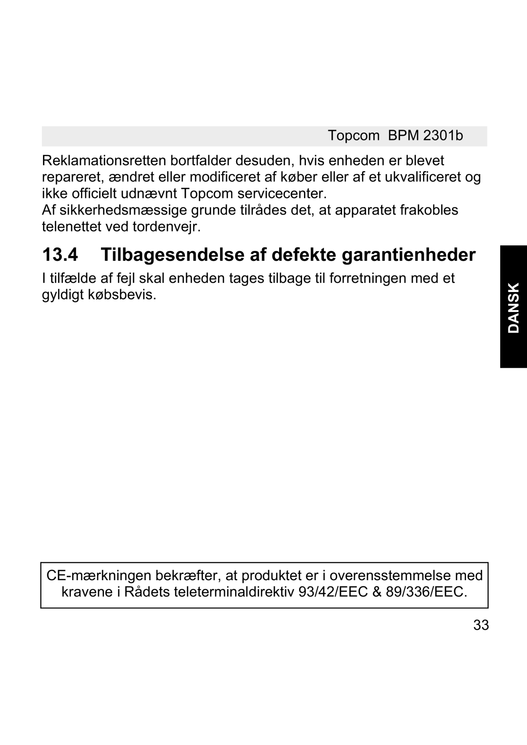 Topcom BPM WRIST 2301B manual Tilbagesendelse af defekte garantienheder 